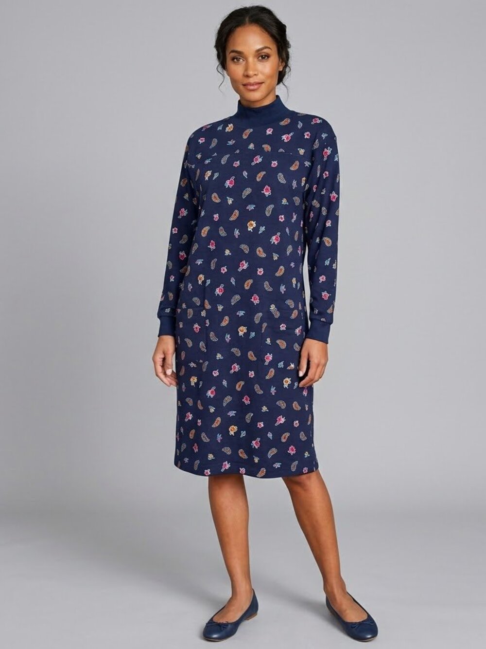 Liz Claiborne NWT vintage long sleeve navy blue paisley mock neck long dress, L